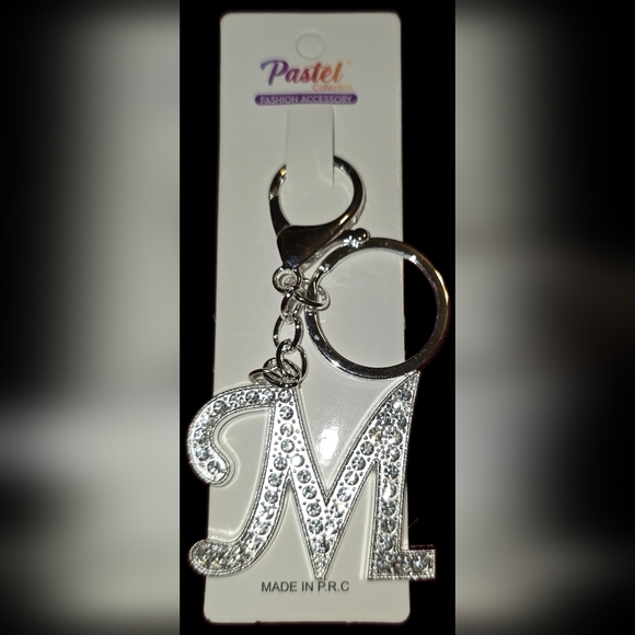 Silvertone Rhinestone Letter "M" Keychain - Picture 2 of 2